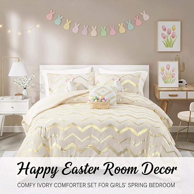 Codi White and Gold Bed Comforter Set, Cute Queen and Full Size Golden Teen Girls Bedding, 4 Pieces - All Seasons Warm