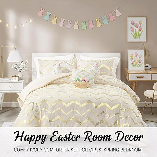 Codi White and Gold Bed Comforter Set, Cute Queen and Full Size Golden Teen Girls Bedding, 4 Pieces - All Seasons Warm