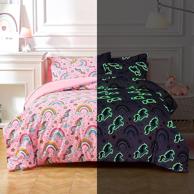 Glow in The Dark Kids Comforter Set, 5 Pieces Pink Unicorn Bedding Set Twin Size for Boys Girls Teen, 1 Comforter, 1 Pillowcase, 1 Pillow Sham,1 Flat Sheet, 1 Fitted Sheet