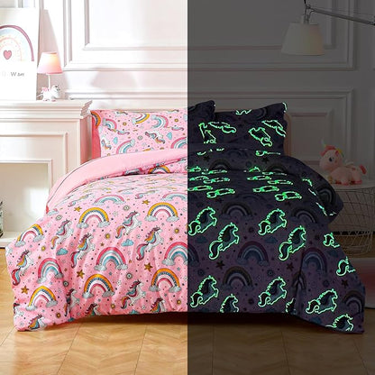 Glow in The Dark Kids Comforter Set, 5 Pieces Pink Unicorn Bedding Set Twin Size for Boys Girls Teen, 1 Comforter, 1 Pillowcase, 1 Pillow Sham,1 Flat Sheet, 1 Fitted Sheet
