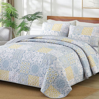 Dobuyly King Size Quilt Set 3 Pieces, Blue/Yellow/Grey Patchwork Bedspreads, Boho Summer Coverlet Set, Soft Lightweight Microfiber Bedding Set for All Seasons 110"x90"