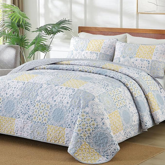 Dobuyly King Size Quilt Set 3 Pieces, Blue/Yellow/Grey Patchwork Bedspreads, Boho Summer Coverlet Set, Soft Lightweight Microfiber Bedding Set for All Seasons 110"x90"