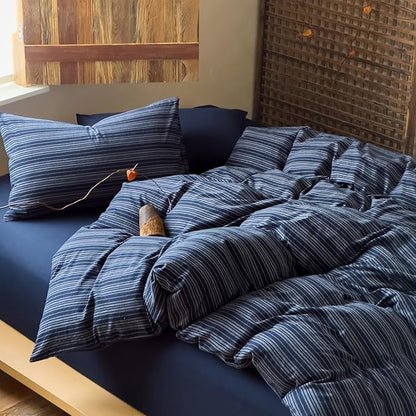 EAVD Retro Striped Duvet Cover Full Navy Blue Soft 100% Washed Cotton Reversible Stripes Pattern Bedding Set with 2 Pillowcases Farmhouse Geometric Pattern Duvet Cover with Zipper Closure