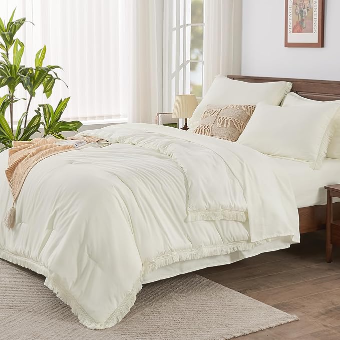 Andency Oversized King Comforter Set with Sheets 120x120 Ivory - 7 Pieces Boho Tassel Bed in a Bag Soft Lightweight Bedding Sets, Fringe Bed Set with Comforter, Sheets, Pillowcases & Shams