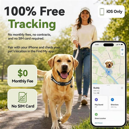 Dog Tracker, GPS Tracker for Dogs with Real-Time Location Tracking, No Monthly Fee or SIM Card, IP68 Waterproof Dog Tracker Collar, Sound Alert, Up to 365-Day Battery, iOS Only (Black)