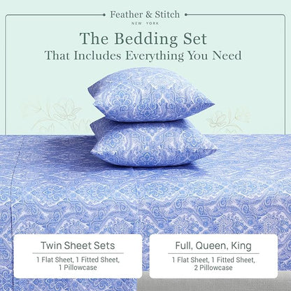 Feather & Stitch Softest 100% Cotton Sheets, 300 Thread Count Percale Weave Bedding, 16" Deep Pocket, Cooling Sheets, Breathable Bed Set, Hotel Premium Quality (Twin, Blue Paisley)