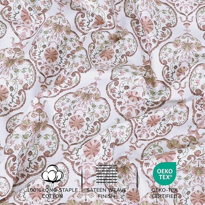 Feather & Stitch Printed 500 TC Full Size 4pc Damask Bed Sheet Set, 100% Soft Cotton Breathable Bedsheets, 18" Deep Pockets Sateen Weave Striped Bedding Mattress Resort Hotel Luxury - Floral Bloom