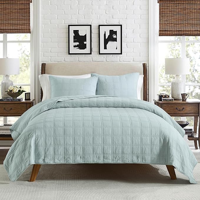 HORIMOTE HOME 100% Cotton Quilt Set King Size, Paleturquoise Pre-Washed Bedspreads Coverlet Set in Geometric Pattern, Cozy Lightweight Stitching Decorative Bedding Cover with 2 Shams for All Season