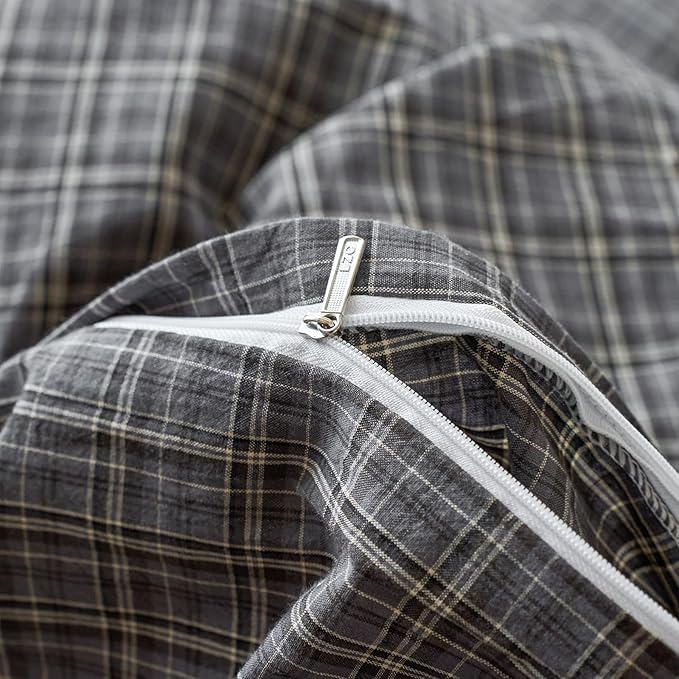 EAVD Vintage Style Grey Plaid Gingham Duvet Cover Queen 100% Washed Cotton Like Linen Feel Soft Grid Plaid Bedding Set with 2 Pillowcases Farmhouse Grid Geometric Pattern Duvet Cover with Zipper