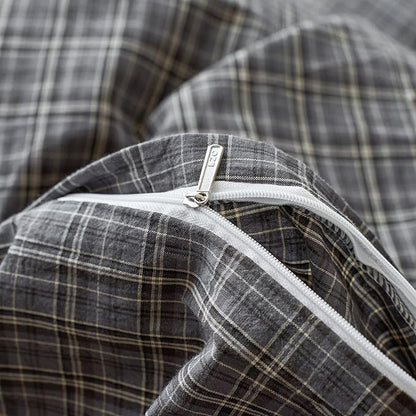 EAVD Vintage Style Grey Plaid Gingham Duvet Cover Queen 100% Washed Cotton Like Linen Feel Soft Grid Plaid Bedding Set with 2 Pillowcases Farmhouse Grid Geometric Pattern Duvet Cover with Zipper