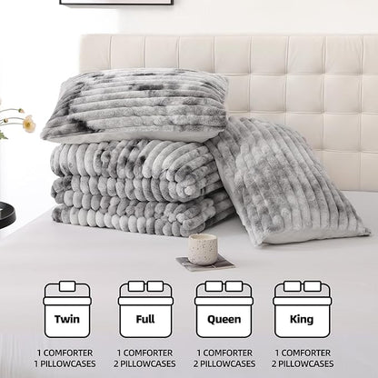 Smoofy Fluffy Full Size Comforter Sets 3 Pieces - Tie-dye Grey Fleece Fluffy Comforter Set, Luxury Fuzzy Full Bed Set, Soft Comforter Full Size All Season, Heavy Faux Fur Comforter with 2 Pillow Cases