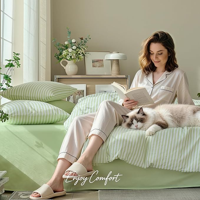 JELLYMONI Striped Duvet Cover Set - King Size Comforter Cover, Classic Sage Green & White Stripes, 100% Cotton 3 Pcs Bedding with Zipper Closure & 8 Corner Ties for Master or Guest Bedroom