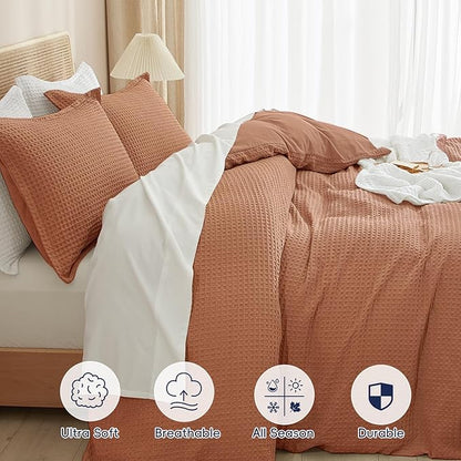 PHF Waffle Weave Duvet Cover Set King Size, No Snagging Ultra Soft Luxury Textured Breathable Comforter Cover for All Season 3pcs, Durable Bedding Duvet Set with 2 Pillow Shams, 104"x90", Terra Cotta