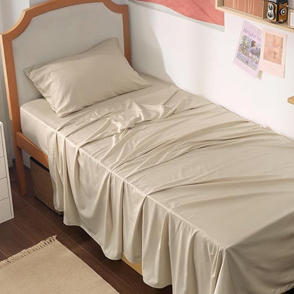 Bedsure Cooling Sheets Twin XL, Rayon Derived from Bamboo, PureWoven, Breathable & Soft Twin XL Sheet Sets, Deep Pocket Up to 16 Inches, Hotel Luxury Silky Dorm Bedding for Hot Sleepers, Beige