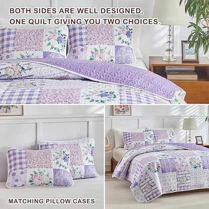 Joyreap 3 Pieces Floral Patchwork Quilt Set California King, 102x114 inches- Purple n Pink Flowers Design, Soft n Cozy Microfiber Quilt, Bedspread Bed Cover for All Season