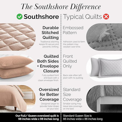 Southshore Fine Living, Inc. Full/Queen Quilt Set, Stitched Full Size with 2 Matching Pillow Shams, Lightweight Quilt Coverlet, Easy Care Machine Washable Queen Size Quilt Bedspread, Blush