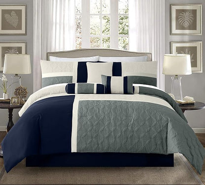 Chezmoi Collection Upland 7-Piece Quilted Patchwork Comforter Set, Navy/Blue/Gray, King