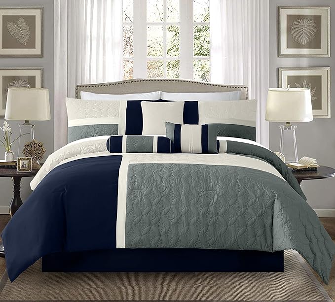 Chezmoi Collection Upland 7-Piece Quilted Patchwork Comforter Set, Navy/Blue/Gray, Queen