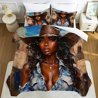 Black Girls Comforter Set Full: Western Bedding Set for Cowboys Women Girls African American Bed Bedroom Dorm Fashion Quilt 1 Comforter + 2 Pillow Cases