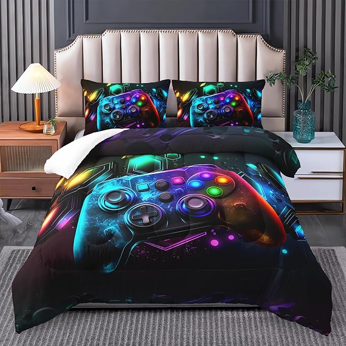 Gamer Comforter Set - Twin Size Video Game Bedding with Neon Gaming Pattern - Ideal for Boys' Gamer Room Decor