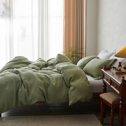 Simple&Opulence 100% Washed Linen Duvet Cover Set 78"x86" - 3 Pieces Soft Farmhouse Comforter Set Double Embroidered with Button Closure - 1 Duvet Cover and 2 Pillowshams (Sage Green, Full)