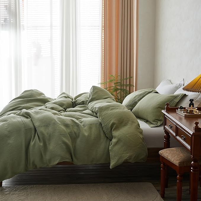 Simple&Opulence 100% Washed Linen Duvet Cover Set 104"x92" - 3 Pieces Soft Farmhouse Comforter Set Double Embroidered with Button Closure - 1 Duvet Cover and 2 Pillowshams (Sage Green, King)