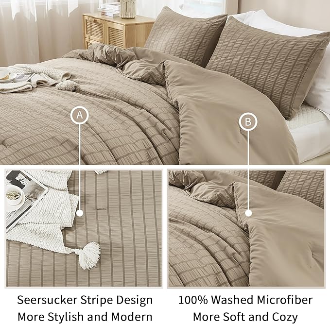 AveLom Taupe Seersucker California King Comforter Set (104x96 inches), 3 Pieces-100% Soft Washed Microfiber Lightweight Comforter with 2 Pillowcases, All Season Down Alternative Bedding Set