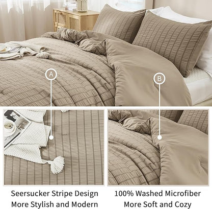 AveLom Taupe Seersucker Queen Comforter Set (90x90 inches), 3 Pieces-100% Soft Washed Microfiber Lightweight Comforter with 2 Pillowcases, All Season Down Alternative Comforter Set for Bedding
