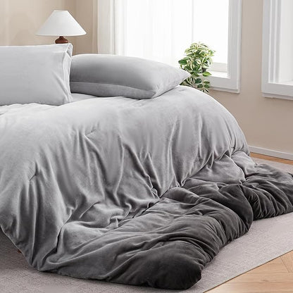 Bedbay Ombre Gray Velvety Fleece Comforter Set Queen Size Ultra Soft Plush Bedding Gradient Grey Thick Warm Cozy Winter Quilt Set with 2 Pillowcases Luxury Velvet Flannel Bedding Set 3 Pcs