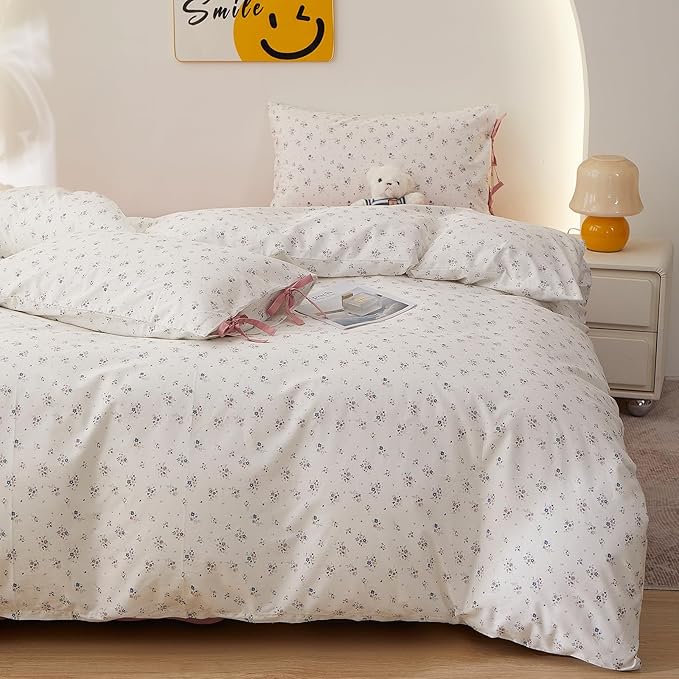 VM VOUGEMARKET Girls Duvet Cover Queen Ditsy Floral Bedding Set Cotton Cottagecore Duvet Cover and 2 Pillowcase with Bow-tie Girls Cute Comforter Cover with Zipper Closure