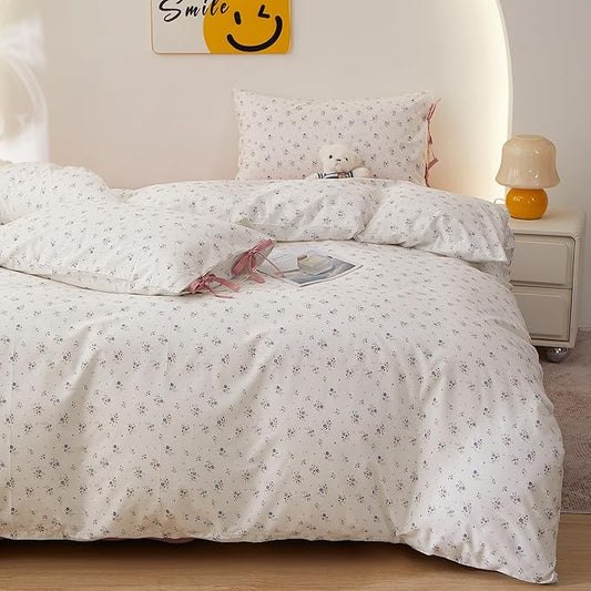 VM VOUGEMARKET Girls Duvet Cover Queen Ditsy Floral Bedding Set Cotton Cottagecore Duvet Cover and 2 Pillowcase with Bow-tie Girls Cute Comforter Cover with Zipper Closure