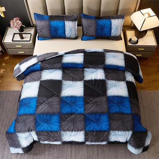 Caressma Black and Navy Blue Checkered Comforter Bedding Set, Full Size Blue White Plaid Comforter Set for Boys, Fluffy Black Grid Home Decor for All Seasons