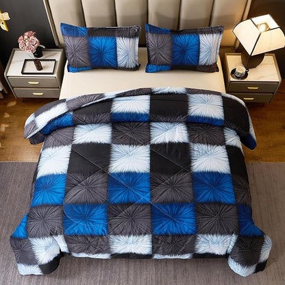 Caressma Black and White Checkered Comforter Set Queen Size(90x90 Inch), Navy Blue and White Plaid 3 Pieces Comforter Bedding Set, Microfiber Black Grid Home Decor