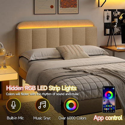 Adjustable Headboard for Full/Queen Size Bed Frame, Linen Fabric Bed Headboard with Storage & RGB LED Light in Modern Vertical Channel Design, Beige
