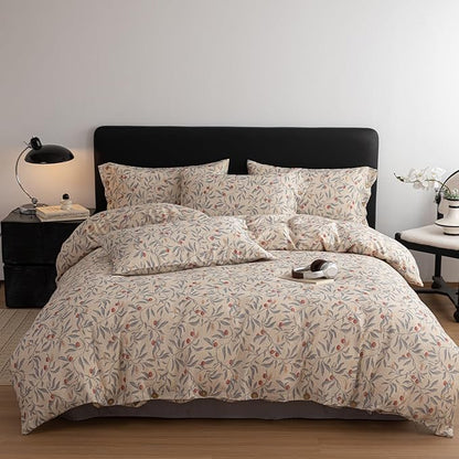 mixinni Cotton Linen Floral Duvet Cover Set, Vintage Botanical Print Comforter Cover with Wooden Buttons,Soft Breathable Blue Red Floral Boho Farmhouse Bedding Set for All Season-Queen Size