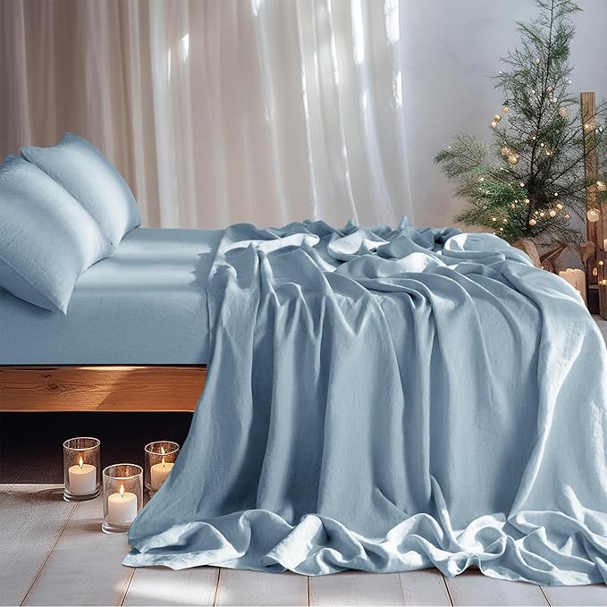 LBRO2M 100% Pure Linen Sheet Set Deep Pocket Up to 16" Bed Sheets Sets, Natural Flax Beddings Soft, Breathable, Comfortable for All Seasons 4 Pcs Sheet Set King Size, Dusty Blue