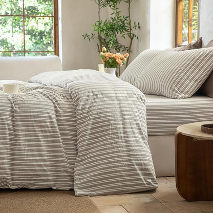 Luxury 100% Washed Cotton Linen Like Duvet Cover Set,3 Pcs Striped Trendy Bedding with Zipper Closure(Linen Grey,King)