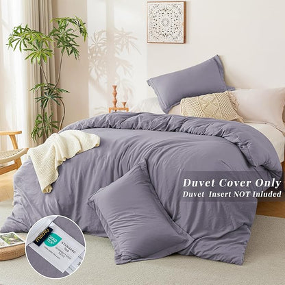 MILDLY Super Soft Duvet Cover - 100% Washed Microfiber Grayish Lavender Comforter Cover Set 3 Pieces with Zipper Closure & Corner Ties (No Comforter)