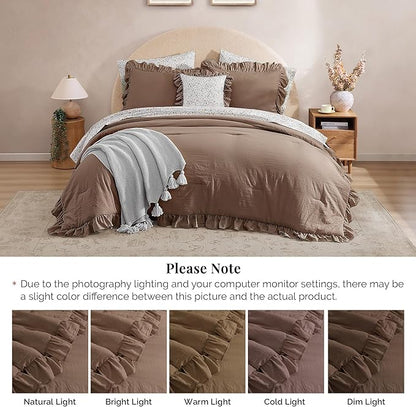 California King Comforter Set - 7 Pieces Ruffle Amber Brown Bedding Sets, Shabby Chic Farmhouse Bed in a Bag with Ruffle Comforter, Floral Sheets, Pillowcases & Shams