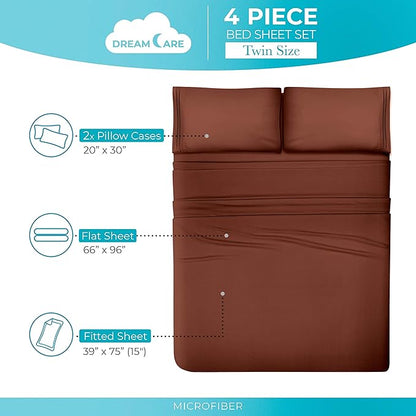 DREAMCARE Twin Sheets - Cooling Bed Sheets - 4pc Set - Deep Pocket - Soft & Long Lasting 100% Polyester with Side Pocket - Brown