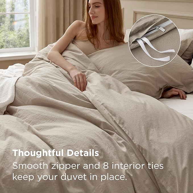 Bedsure 100% Washed Cotton Duvet Cover Queen Size - Frosted Almond Minimalist Bedding Set Linen Like - PureWoven Plain Simple & Soft Comforter Cover for All Seasons, Frosted Almond, Queen, 90"x90"