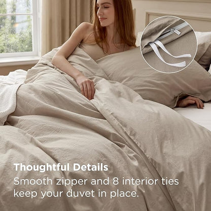 Bedsure 100% Washed Cotton Duvet Cover Cal King - Frosted Almond Minimalist Bedding Set Linen Like - PureWoven Plain Simple & Soft Comforter Cover 3-Piece (Frosted Almond, California King, 104"x98")