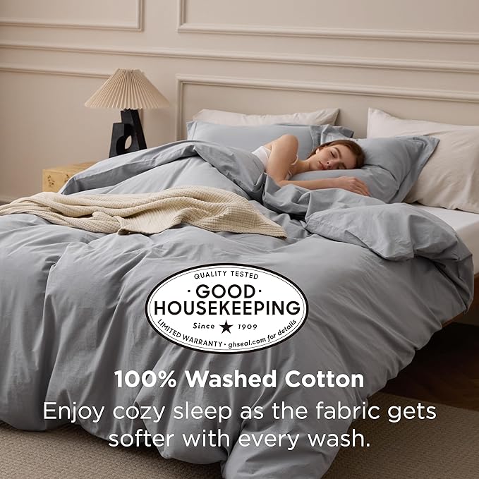 Bedsure 100% Washed Cotton Duvet Cover Queen Size - Grey Minimalist Bedding Set Linen Like - PureWoven Plain Simple & Soft Comforter Cover for All Seasons, 3 Pieces (Grey, Queen, 90"x90")