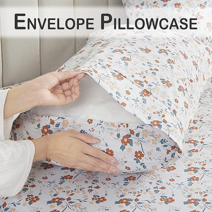 Softan Floral Twin Size Sheet Set, Orange Flower Printed Bed Sheets for Girls, 3-Piece Microfiber Single Fitted Sheet with 15" Deep Pocket & Non-Slip Straps, Patterned Bedding Sheets & Pillowcase Set