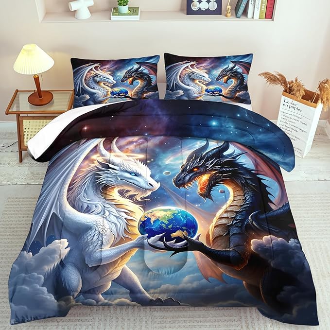 Black White Dragon Comforter Set Queen Boys Flame Ancient Mysterious Creatures Fantasy Dragon Bedding Set Boys Girls White and Black Comforter Queen Size Animals Quilt Room Decor