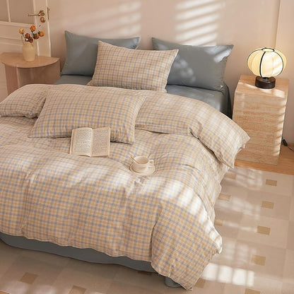 HighBuy Vintage Gingham Comforter King Size Yellow Blue Grid Bedding Comforter Set King with Sham Set 3 Piece Hotel Luxury Soft Checkered Comforter Set for King Bed,Cozy Fluffy Bedding Sets
