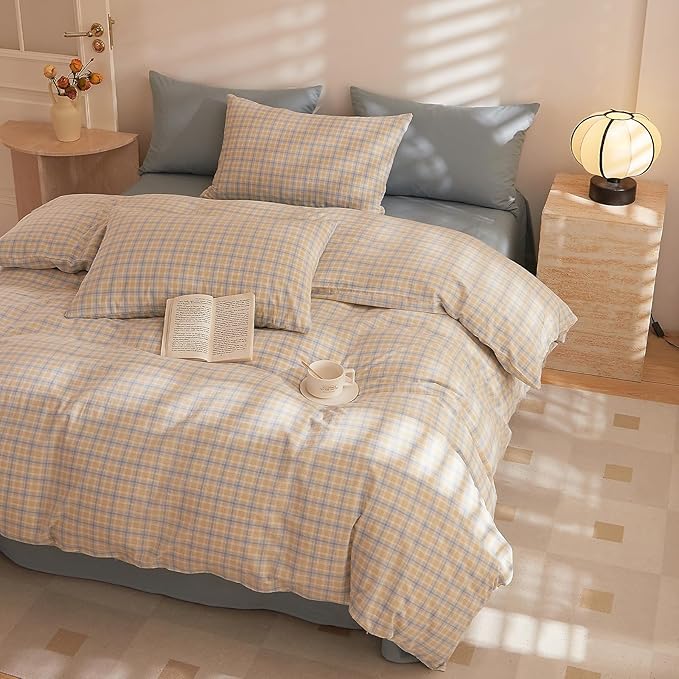 HighBuy 3 Piece Gingham Comforter Set Full Size Yellow Blue Checkered Grids Bedding Set Modern Lightweight Comforter Full,Hotel Chic Plaid Bedding Sets 3 Piece with Sham Set,Fluffy Comforter