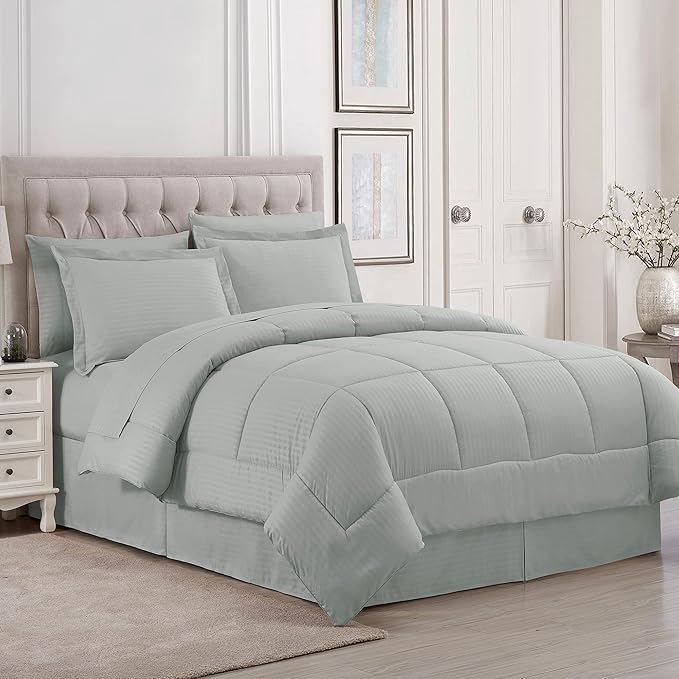 King Size Comforter Set 8 Piece Bed in a Bag with Bed Skirt, Fitted Sheet, Flat Sheet, 2 Pillowcases, 2 Pillow Shams, King, Dobby Silver