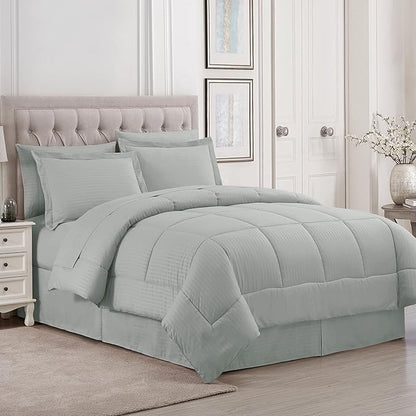 King Size Comforter Set 8 Piece Bed in a Bag with Bed Skirt, Fitted Sheet, Flat Sheet, 2 Pillowcases, 2 Pillow Shams, King, Dobby Silver