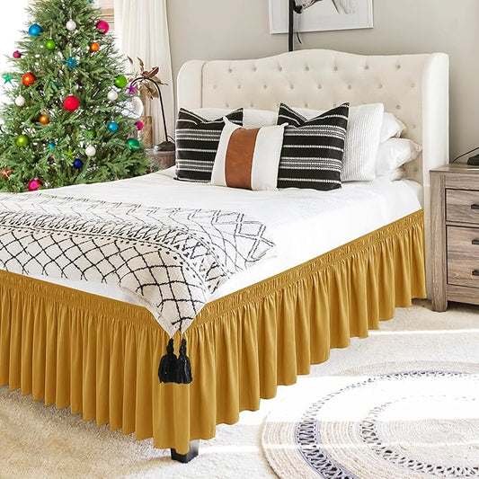Biscaynebay Wrap Around Bed Skirts for Full & Full XL Beds 15" Drop, Christmas Gold Adjustable Elastic Dust Ruffles Easy Fit Wrinkle & Fade Resistant Silky Luxurious Fabric Machine Washable